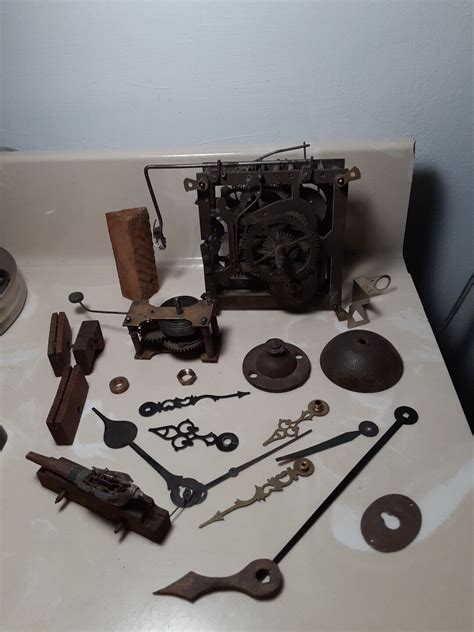 Lot Of Vintage Antique Clock Parts Movement Bell Parts Hands Cuckoo