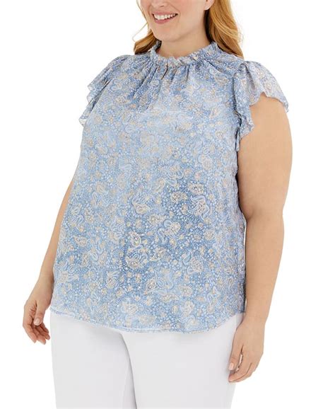 Michael Kors Plus Size Paisley Print Foil Ruffled Top Macys