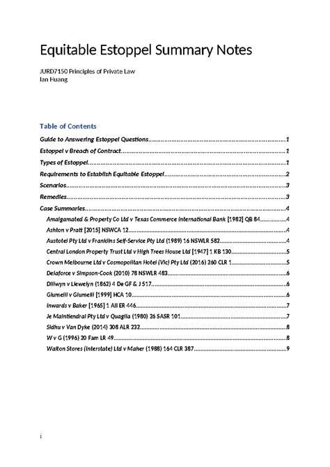 Equitable Estoppel Summary Notes Equitable Estoppel Summary Notes