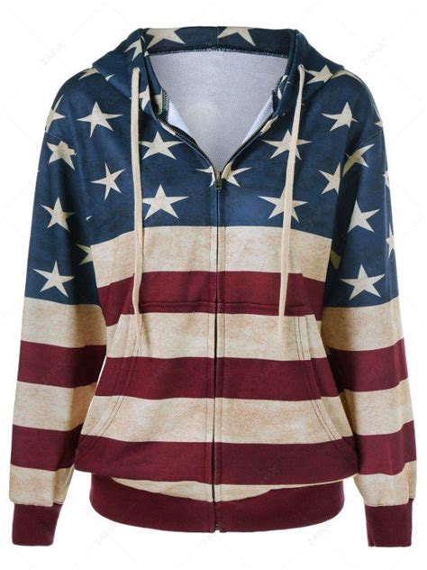 [33 Off] 2021 American Flag Printed Zipper Up Hoodie In Blue And Red