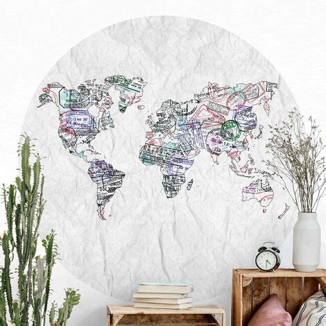 Papel Pintado Redondo Autoadhesivo Passport Stamp World Map Cm