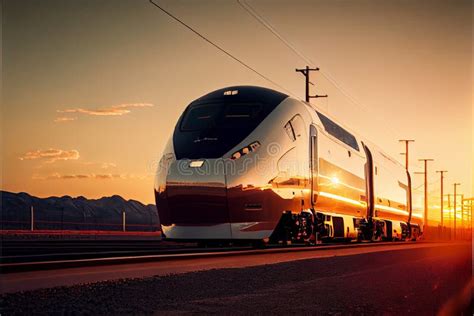 High Speed Train In Motion At The Railway Station At Sunset In Europe