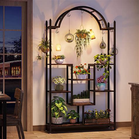 Tribesigns 5 Tier Indoor Plant Stand With Shelves Hooks Arched Metal For Large Bonsai Display