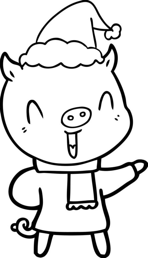 Happy Line Drawing Of A Pig In Winter Clothes Wearing Santa Hat