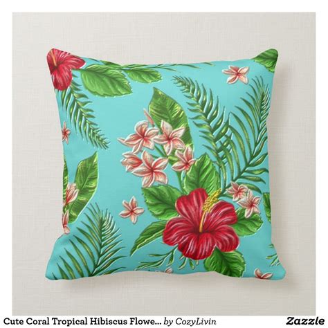 Cute Coral Tropical Hibiscus Flower On Turquoise Throw Pillow Zazzle Turquoise Throw Pillows