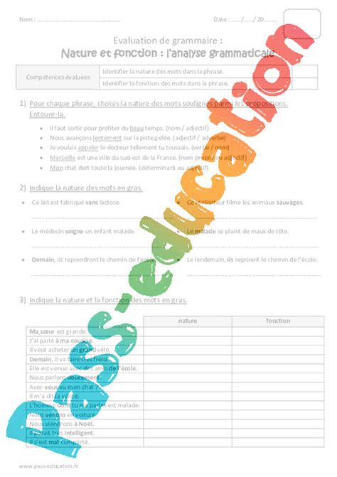 Nature Et Fonction Cm Bilan Analyse Grammaticale Pdf Imprimer