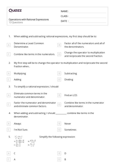 50 Rational Expressions Worksheets For 9th Class On Quizizz Free