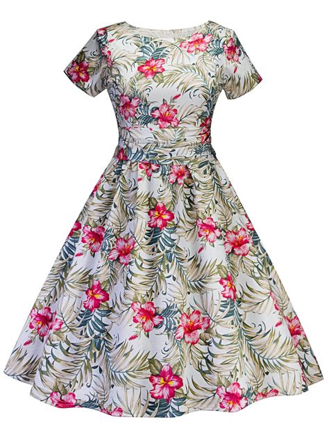 [30 Off] Retro Tropical Printed Fit And Flare Dress Rosegal