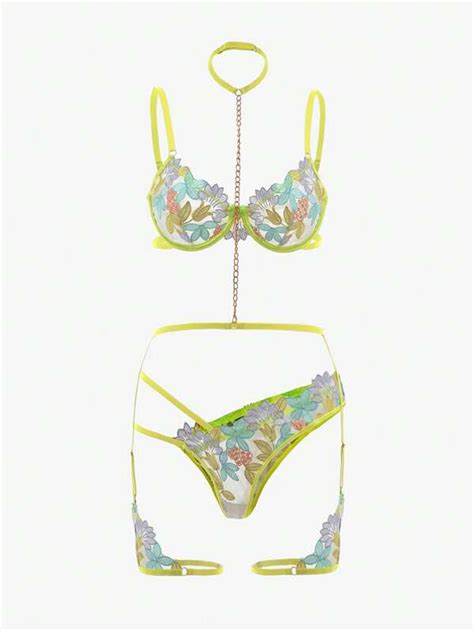 Conjunto De Lingerie Bordado Floral Malha Fio Liga Shein Brasil