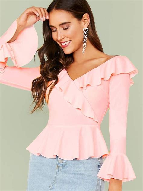 Shein Double V Neckline Ruffle Trim Peplum Top Peplum Top Blouses