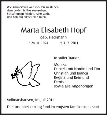 Traueranzeigen Von Marta Elisabeth Hopf Trauer HNA De