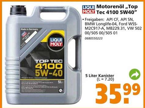 Liqui Moly Motorenöl Top Tec 4100 5w40 Angebot bei Globus Baumarkt ...