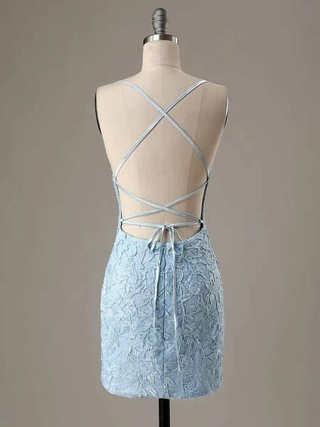 Light Blue Backless Lace Short Prom Dresses Open Back Light Blue Lace