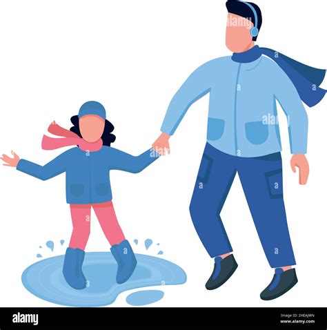 Dad Play With Daughter In Rain Semi Flat Color Vector Characters Stock