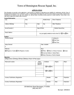 Fillable Online Benningtonrescue Application Bennington Rescue Squad