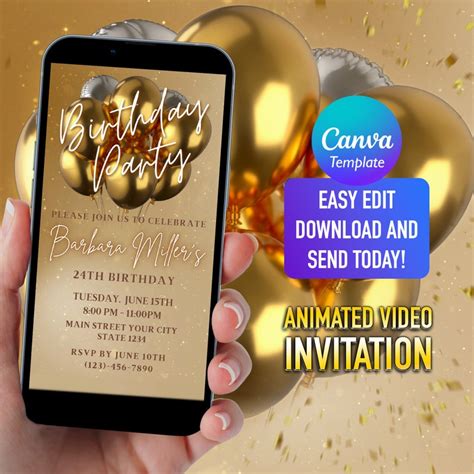 Digital Gold Glitter Balloons Birthday Party Invitation Electronic