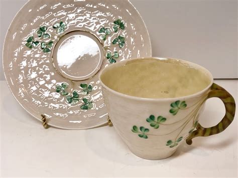 Shamrock Belleek Tea Cup And Saucer Irish Tea Cup Basket Weave