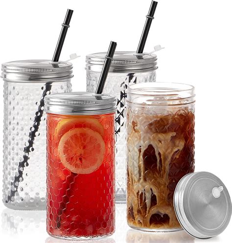 Ysjilide Smoothie Cups Glass Mason Drinking Jar 24oz Smoothie Cups With Lid And