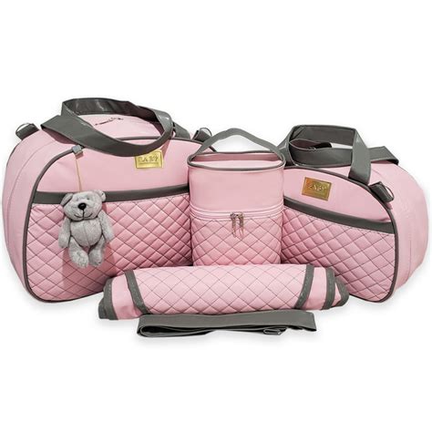 Kit Bolsa Maternidade Menina 4 Pcs Matelassê Cinza Rosa Bebe