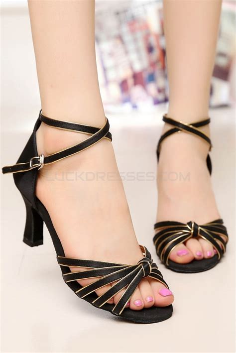 Women S Heels Black Gold Satin Modern Ballroom Latin Salsa Ankle Strap Dance Shoes D901006