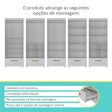 Armário para Escritório Modulado Abel 4 Portas 2 Gavetas Branco nature