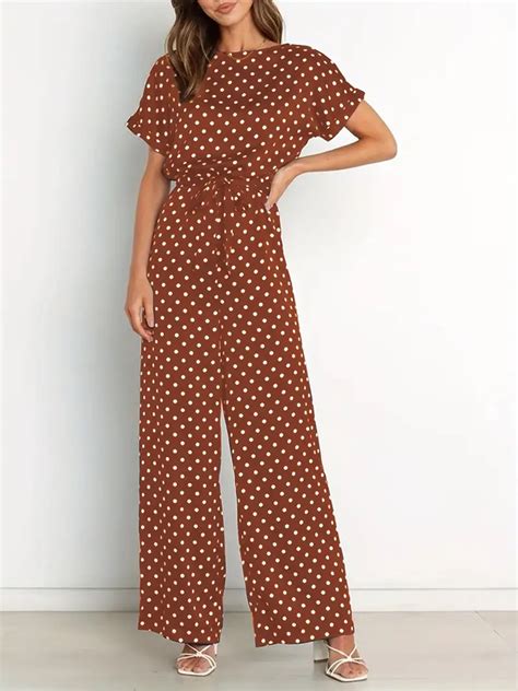 Polka Dot Wide Leg Jumpsuit Elegant Short Sleeve Jumpsuit Temu Ireland