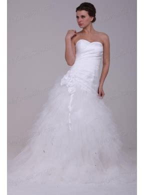 A Line Strapless Ruching Tulle Wedding Dress With Brush Train