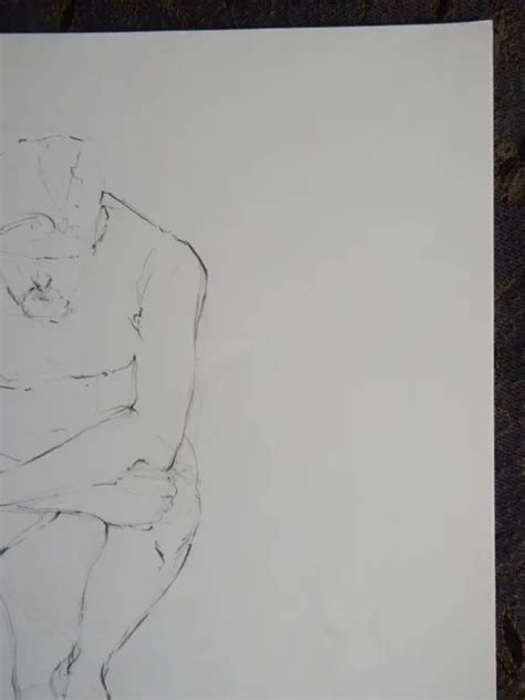 Original Pencil Life Drawing Of A Male Nude Model In A Seated Pose Arms