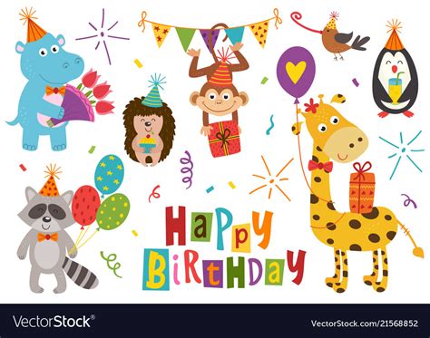 Set of isolated funny animals happy birthday Vector Image