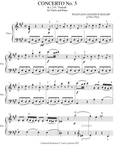 Simplified Piano Score For Mozart Violin Concerto In A Major