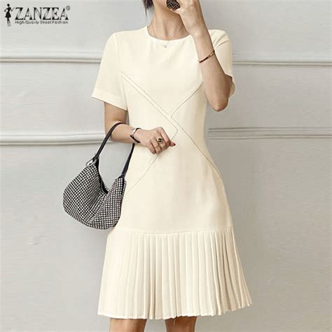 Zanzea Korean Style Women Elegant Solid O Neck Short Sleeve Midi