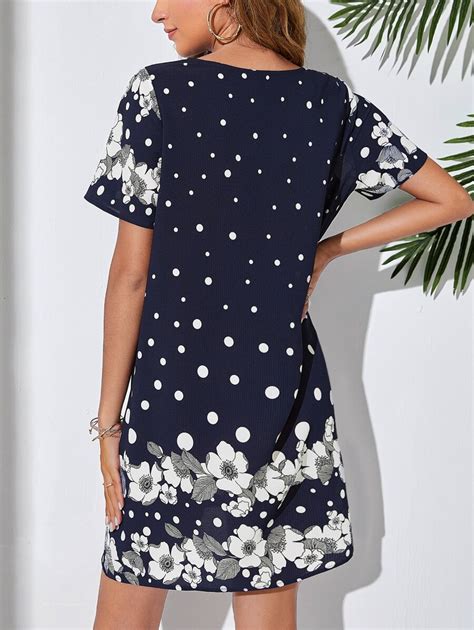 Emery Rose Polka Dot Floral Print Tunic Dress Shein Uk