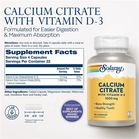 Solaray Citrato De Calcio Con Vitamina D Mg Para Huesos Y