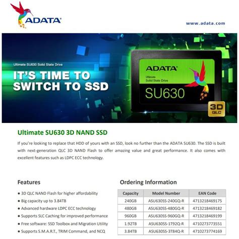 Adata Ssd 2 5 960 Gb Sata Adata Su630 เทคโนโลยีใหม่ Nand Flash 3d Qlcแท้ ประกันศูนย์ไทย พร้อมส่ง