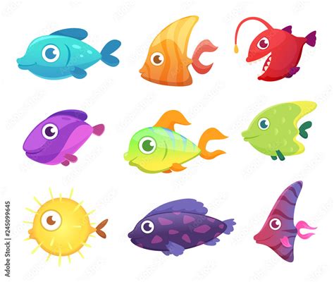 Cartoon fish. Underwater ocean sea animals for games vector pictures ...