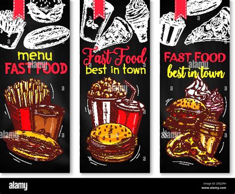 Fast Food Restaurant Banner Set With Chalkboard Menu Fast Food Lunch