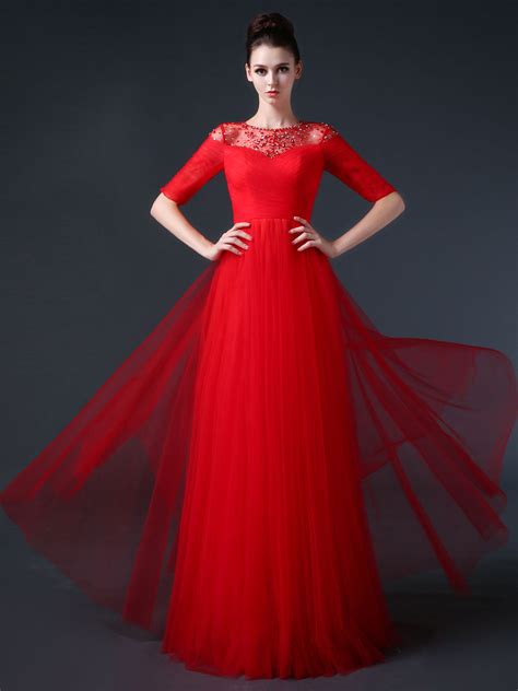 Red Modest Formal Prom Pageant Evening Dress With Sleeves Cc3002 Jojo Shop