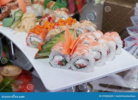 Japanese Sushi Food Maki Ands Rolls With Tuna Salmon Shrimp Crab