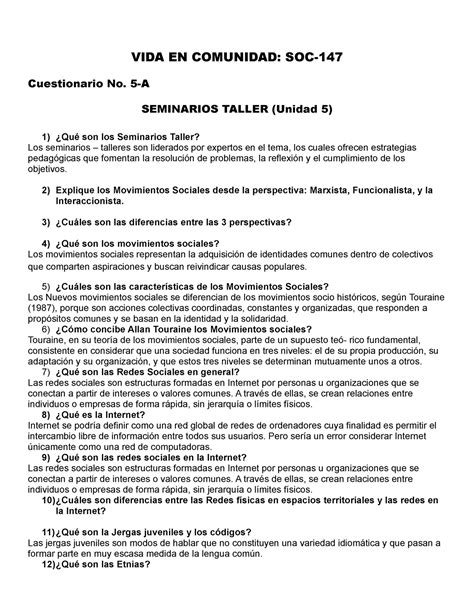 Cuestionario SOC 147 No 5 A VIDA EN COMUNIDAD SOC Cuestionario No