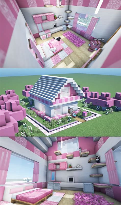 Two Different Views Of A Pink And White House