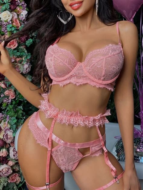 Nina Bonheur Floral Lace Underwire Garter Lingerie Set Shein Uk