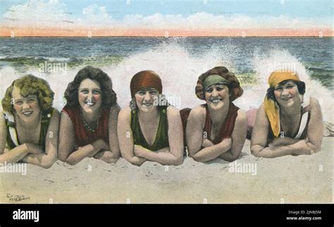 Vintage Colorized Portrait Of Five Young Women In Bathing Suits At The