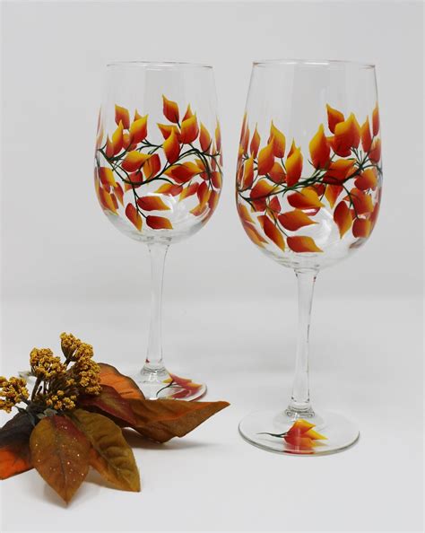 Hand Painted Wine Glasses Fall Leaves Set Of 2 Etsy