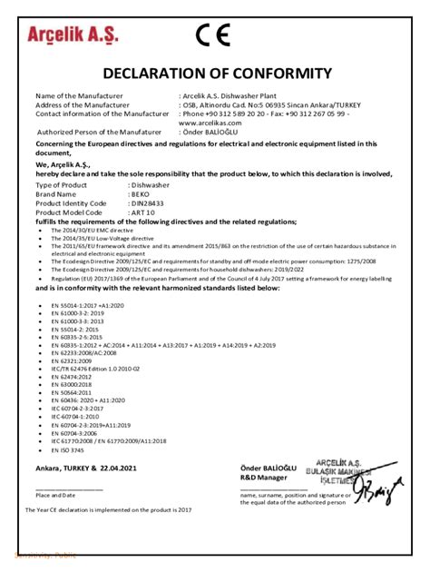 Fillable Online Manufacturer S Declaration Of Conformity With European