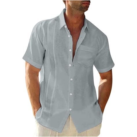 Zcfzjw Mens Short Sleeve Cuban Camp Guayabera Shirt Solid Color Casual