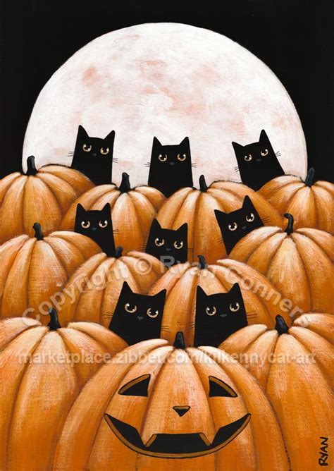 Black Cats In The Giant Pumpkin Patch Original Halloween Cat Folk Art