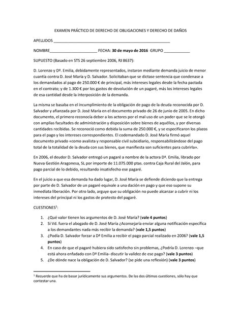 Caso Práctico Obligaciones y Daños EXAMEN PRÁCTICO DE DERECHO DE