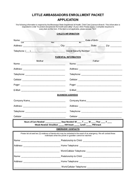 Fillable Online Child Care Enrollment Application Parents Arc Fax