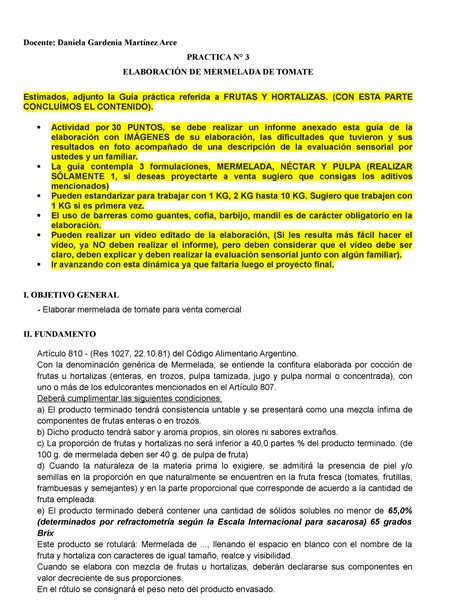 Práctica 3 GuÍa De Elaboración De Mermelada De Tomate Néctar Pulpas Docente Daniela