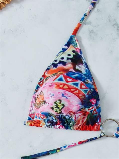 China Womens Halter Tie Side Triangle Bikini Set String 2 Piece Swimsuit O Ring Printed Bathing